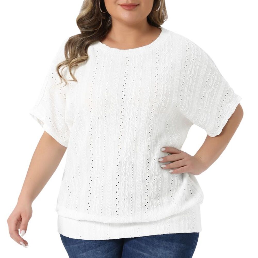 Women Plus Size Batwing Eyelet Blouse Casual Summer Tops White
